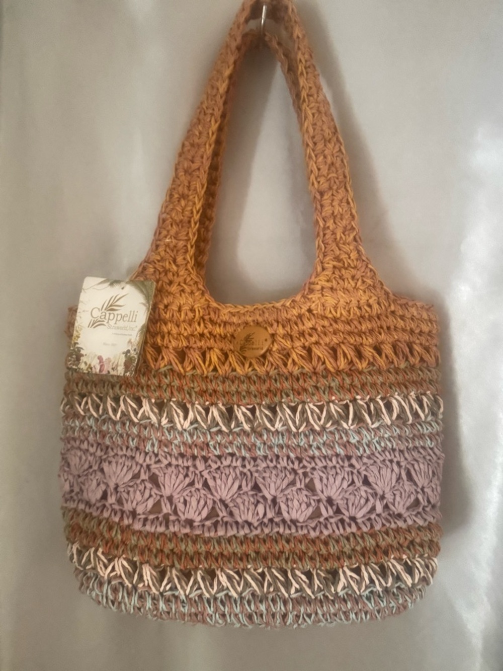 Capelli of New York Crochet Straw Tote in Lavendar, Tan & Gold-Toned Stripes